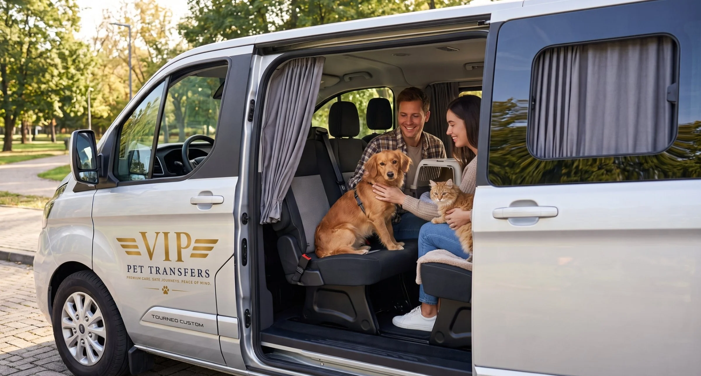 Two owners sitting with their dog and cat inside a VIP Pet Transfers vehicle with privacy curtains